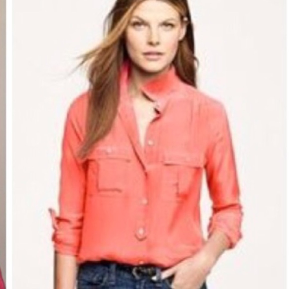 J Crew Coral 100% Silk Long Sleeve Top